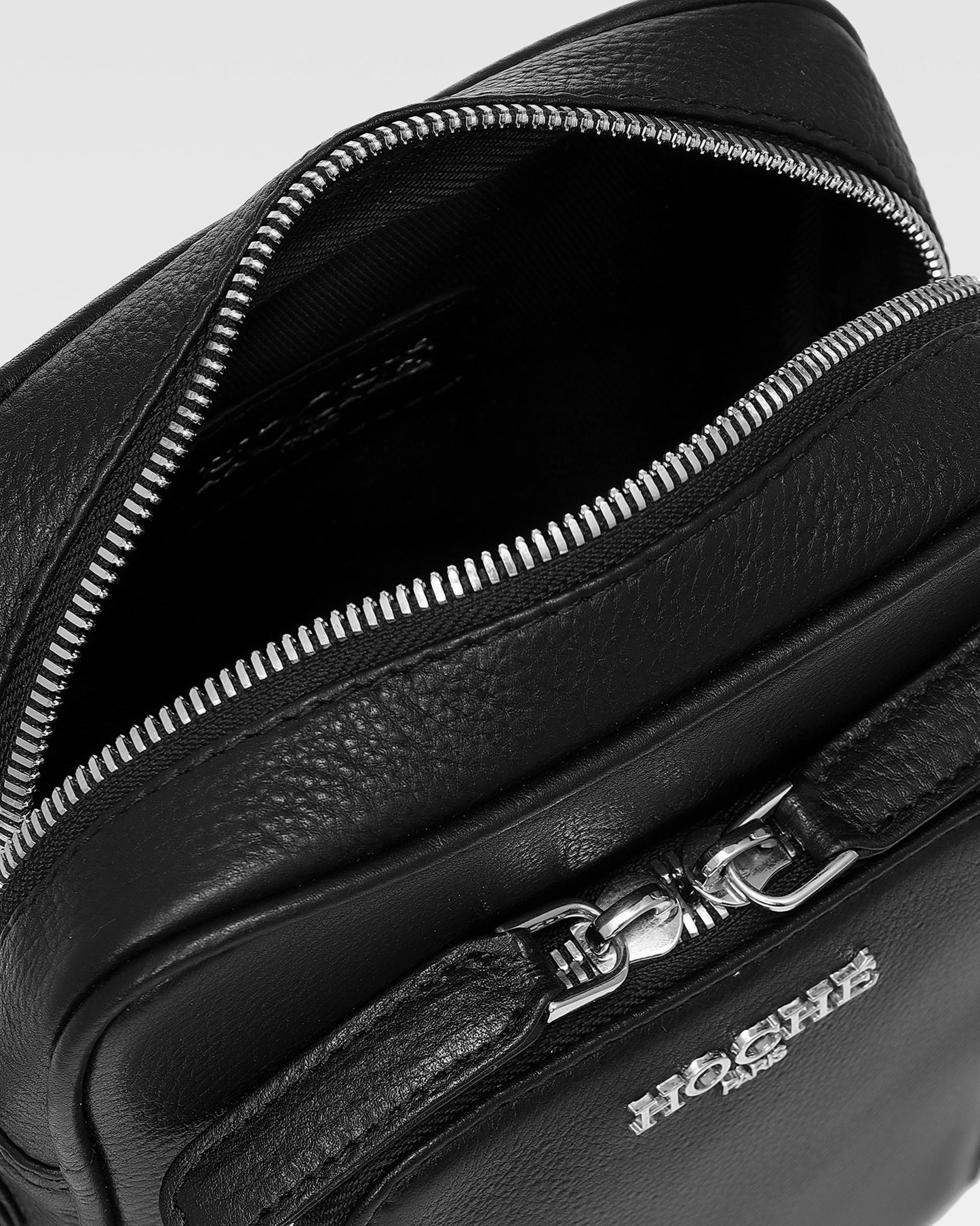 Close-up of premium genuine leather on men’s side sling bag – Grandeur by Hoche Paris