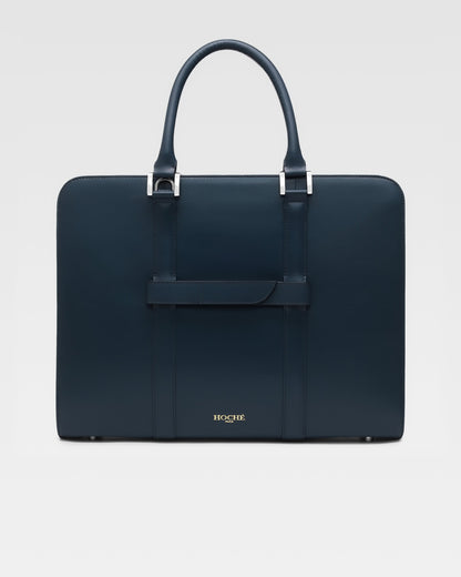 Back view of PinnaclePro dark blue leather laptop bag for men, featuring ergonomic handles, a trolley sleeve, and refined detailing