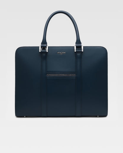 Front view of PinnaclePro dark blue leather laptop bag for men, designed with premium full-grain leather and a sleek, professional look.