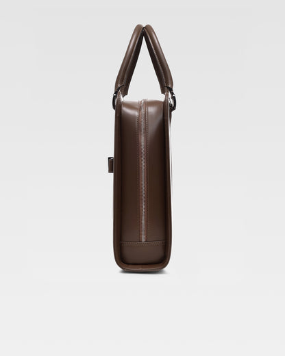 Side view of PinnaclePro dark brown branded leather laptop bag for men in India, showcasing its slim profile, durable leather, and refined details.