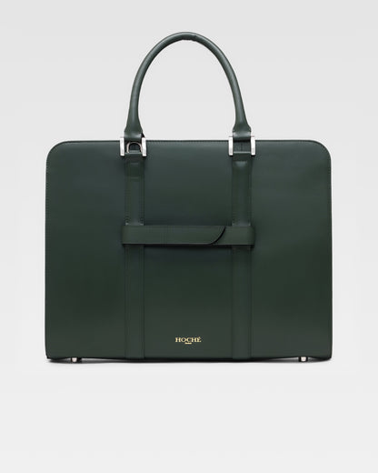Back view of PinnaclePro olive genuine leather laptop bag for men, featuring a structured design, trolley sleeve, and reinforced stitching