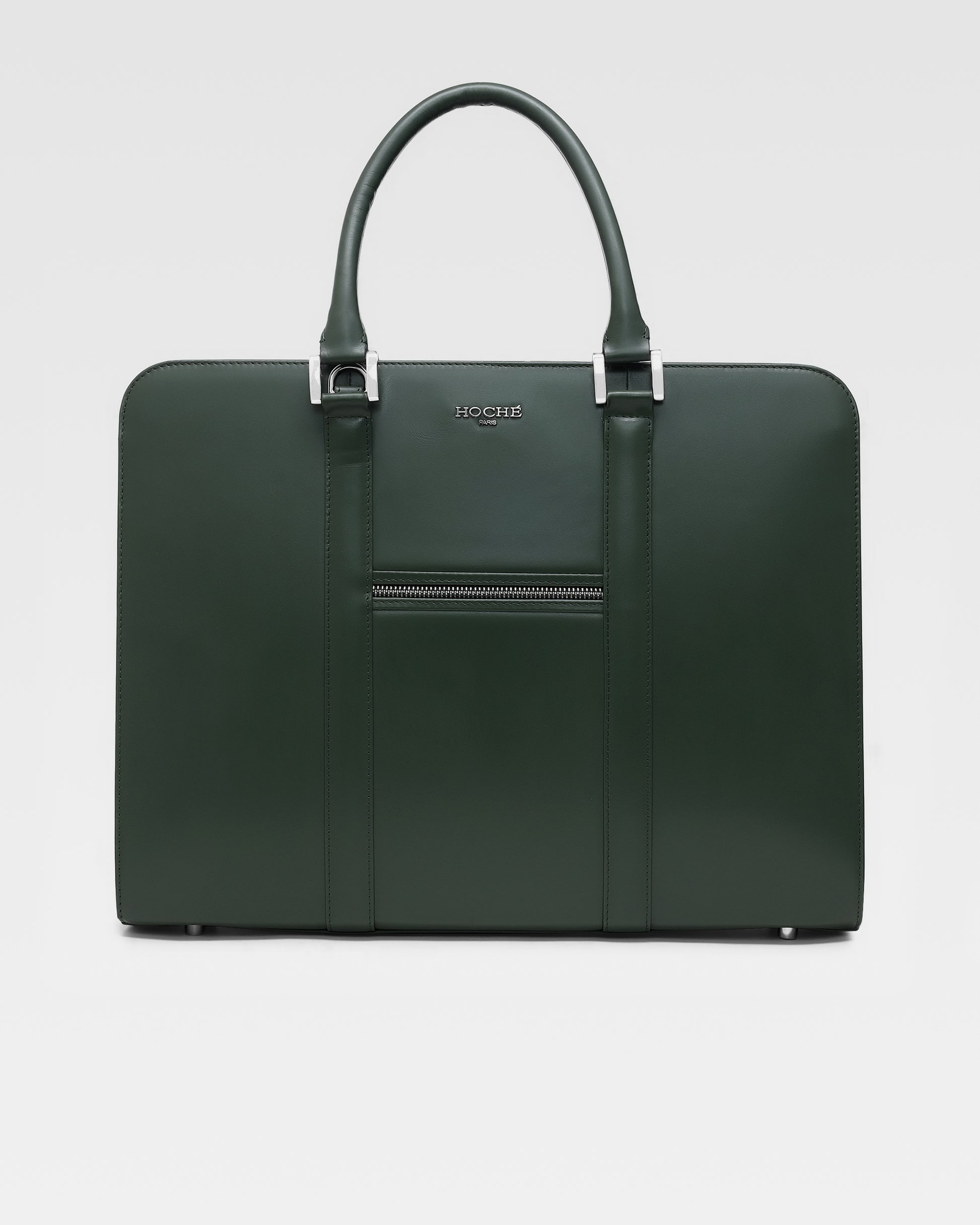 Front view of PinnaclePro dark green (olive) pure leather laptop bag for men, crafted from genuine leather with a sophisticated, designer appeal