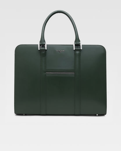 Front view of PinnaclePro dark green (olive) pure leather laptop bag for men, crafted from genuine leather with a sophisticated, designer appeal