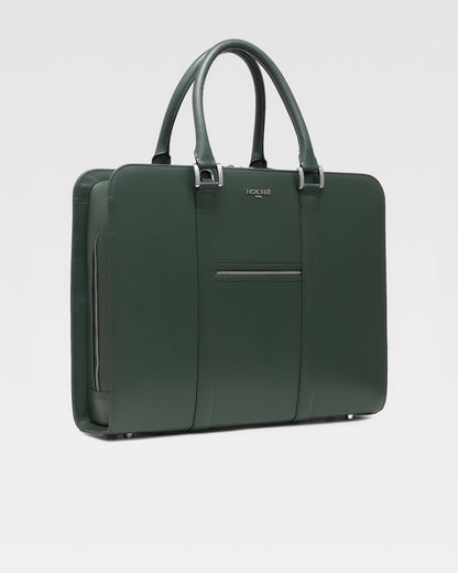 Side profile of PinnaclePro olive green men’s leather laptop bag, showcasing its slim structure, durable handles, and premium craftsmanship