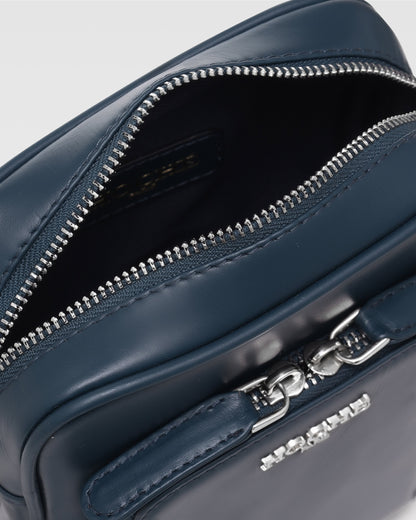 Close-up of Dark Blue genuine leather on men’s sling bag – Grandeur by Hoche Paris