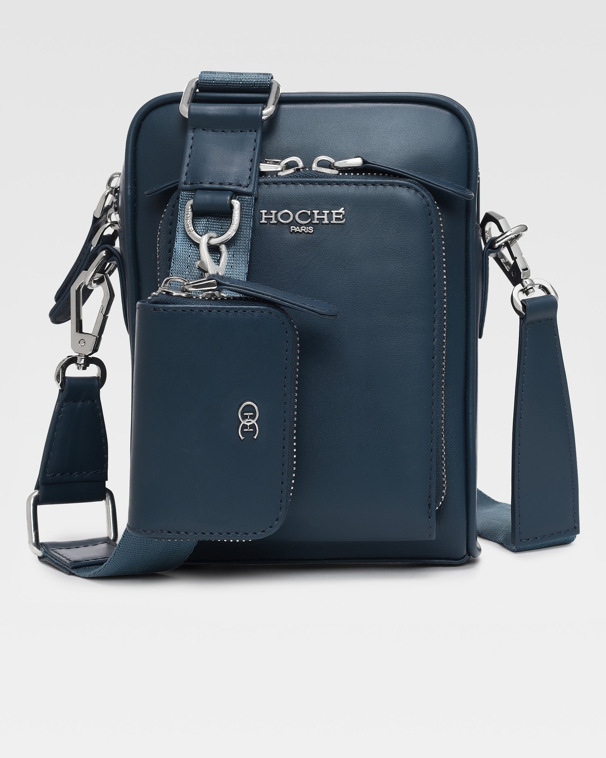 Front view of Dark Blue genuine leather sling bag for men – Grandeur by Hoche Paris