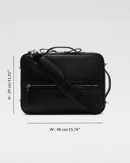 Dimension details of UniSwitch black branded genuine leather backpack for men in India, featuring a sleek and premium design for work and travel can carry laptop upto 15.5 inches.